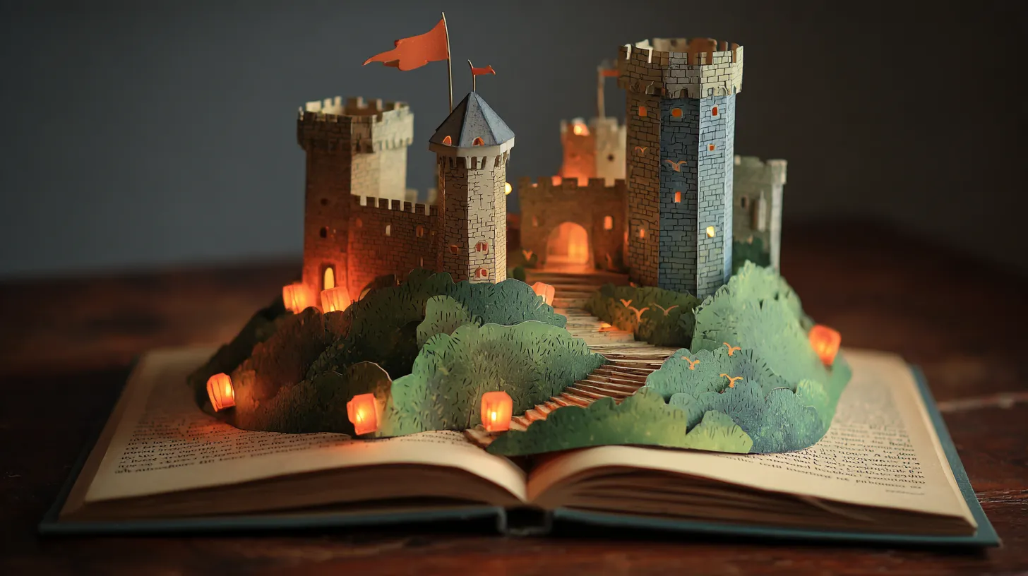 A stone-colored paper pop-up castle with towers, a small coral flag and glowing paper lanterns on a green paper hill