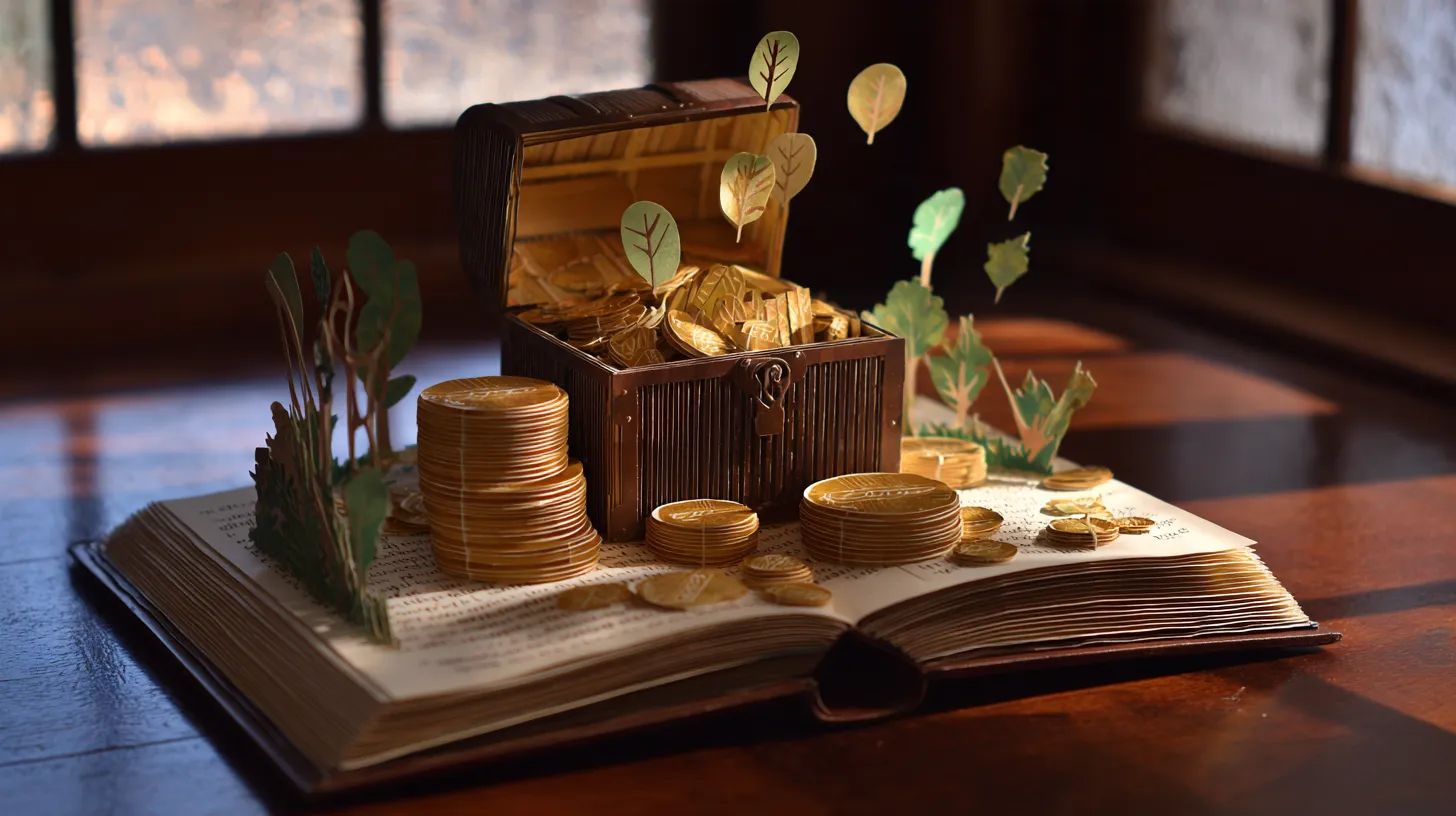 A paper pop-up treasure chest overflowing with paper gold coins, stacks of coins and paper leaves on an open book