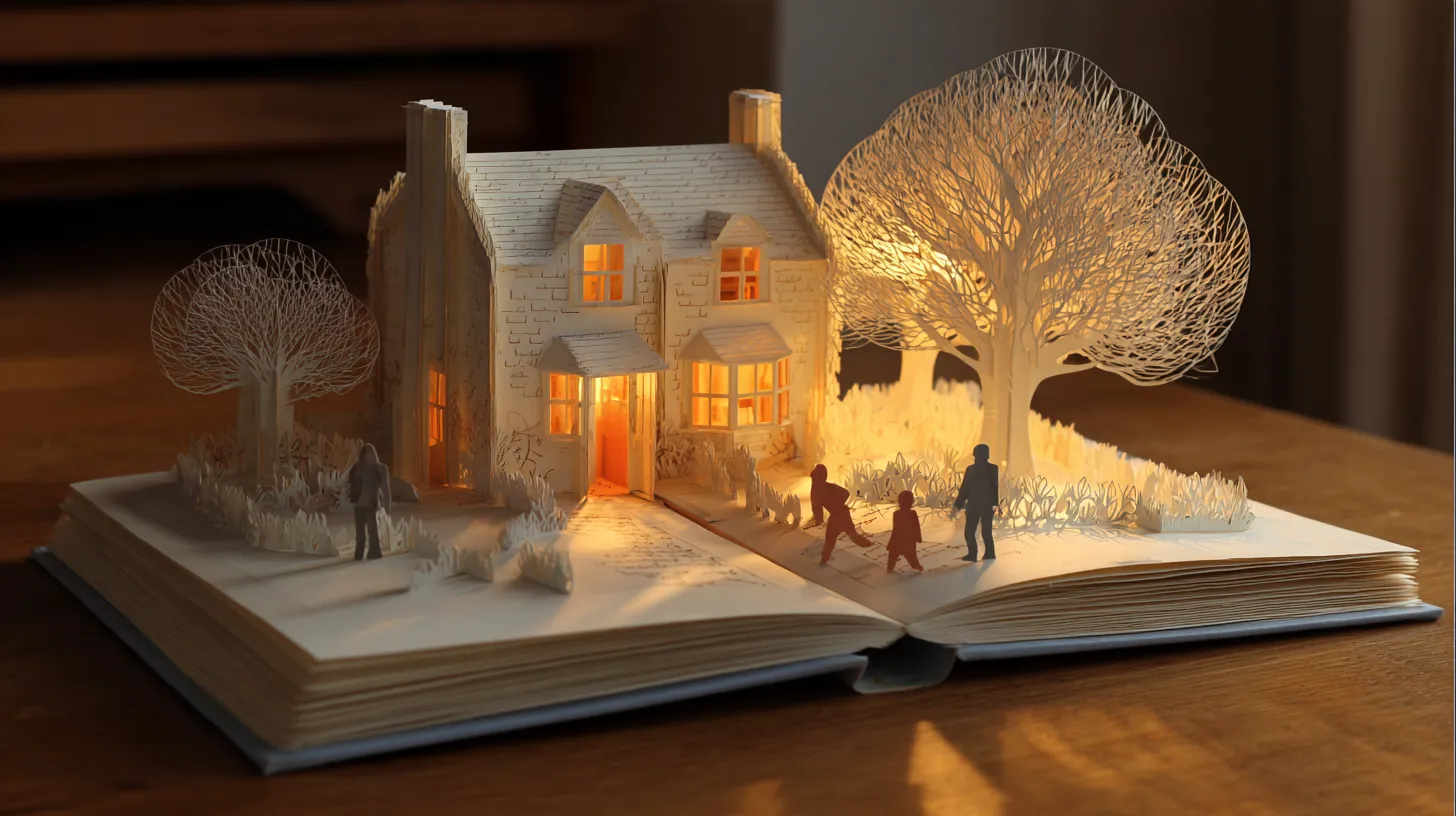 A cream paper pop-up inn with warmly lit windows, paper trees and small faceless paper figures walking to the door