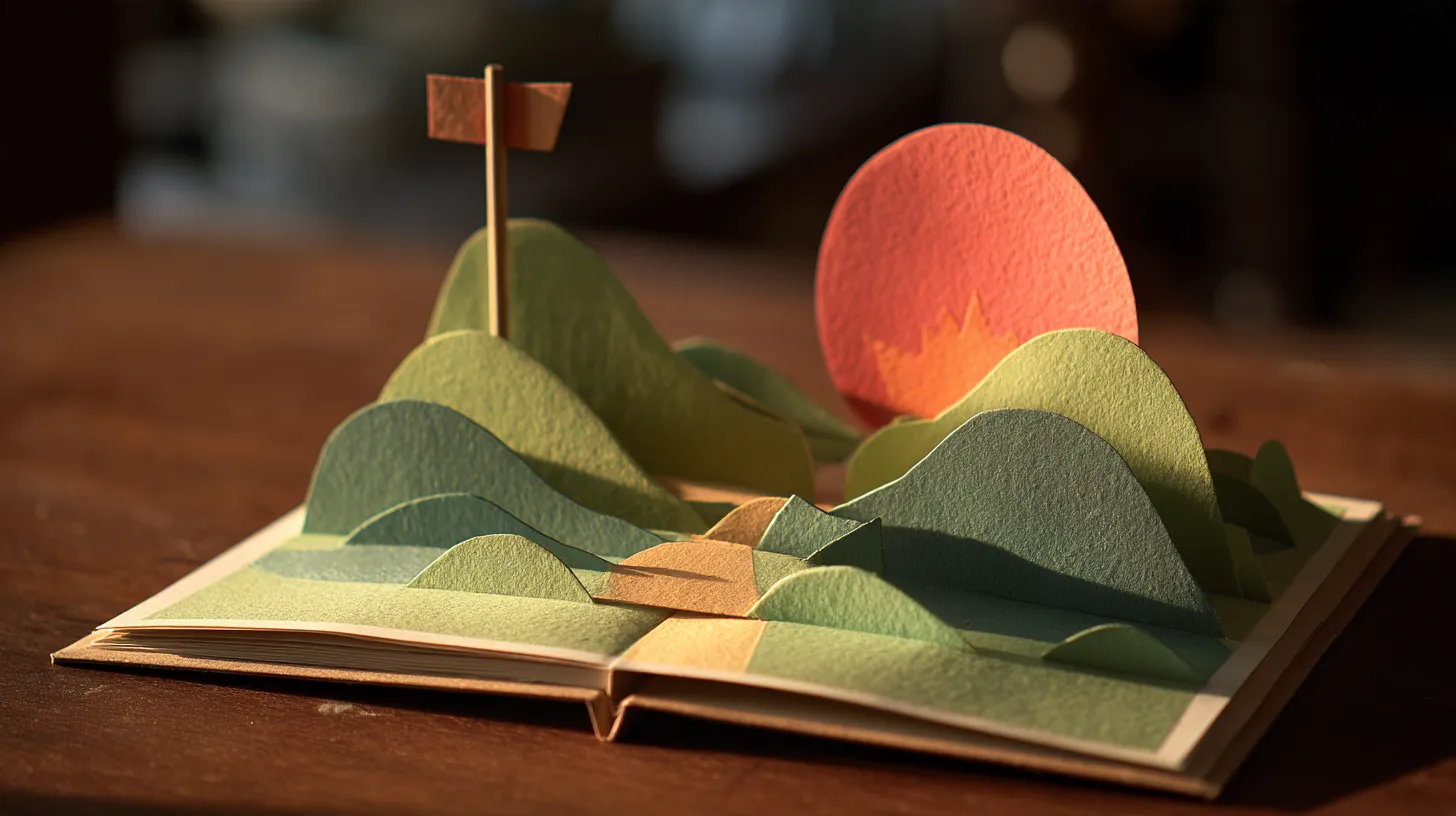 A paper pop-up book open on a walnut table: green paper hills, a coral paper sun and a blank wooden signpost on an empty hilltop