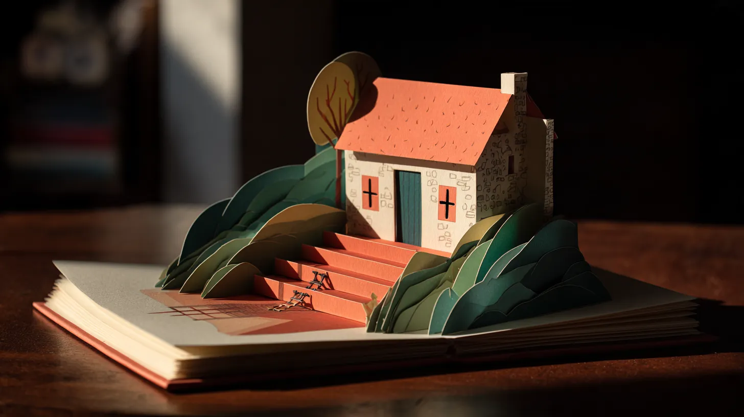 A paper pop-up cottage with a coral roof and paper steps rising from an open book among dark green paper hills