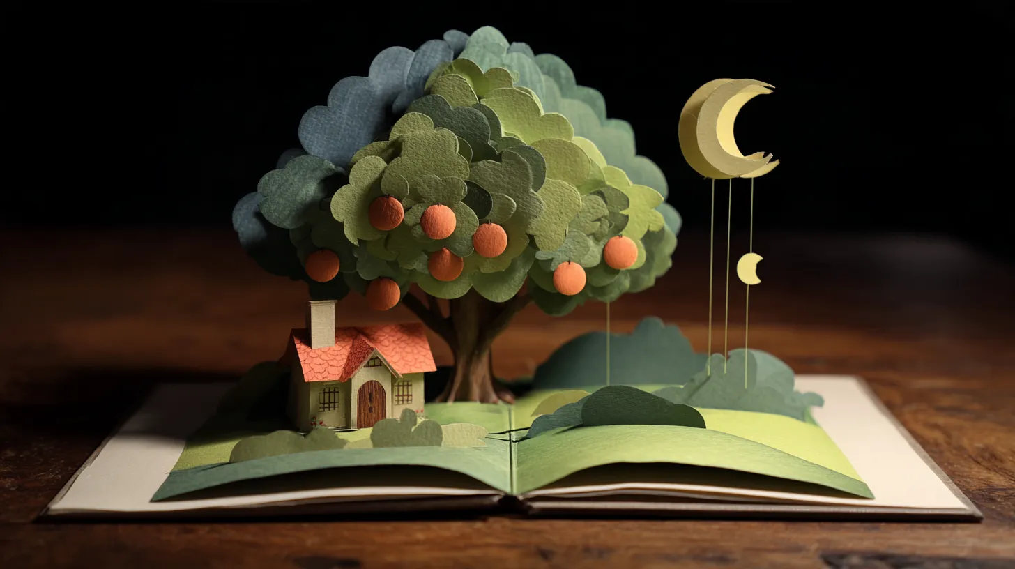 A paper pop-up tree with coral paper fruit beside a small cottage, a paper crescent moon hanging on threads above the open book