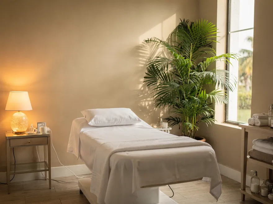 Sunlit treatment room with a linen-covered bed, a lamp and a potted palm, Naples