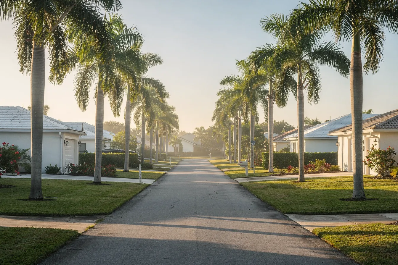 A quiet Naples-area street at morning with royal palms and low white buildings in soft light
