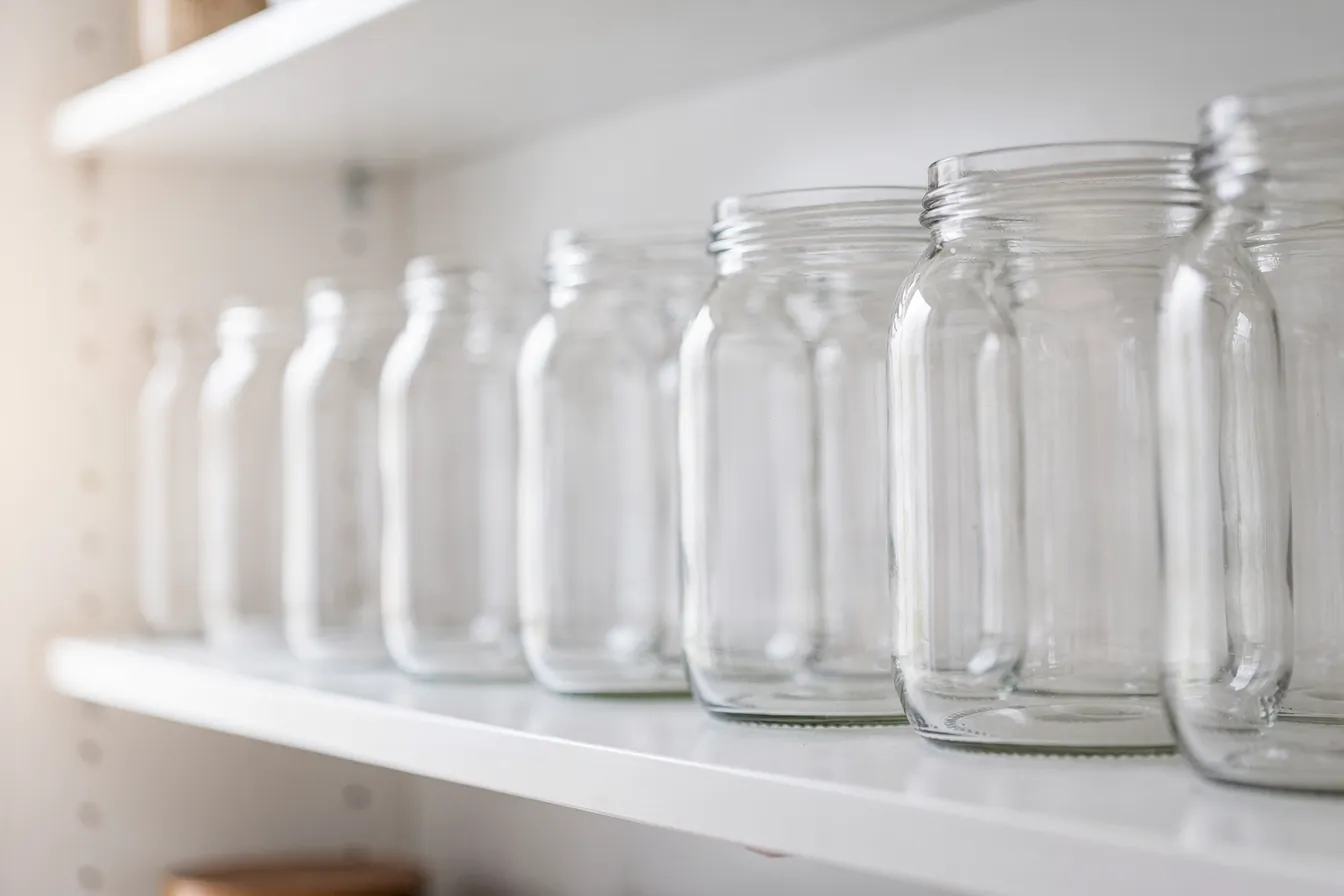 Neat rows of plain glass jars on pantry shelves in soft daylight, no labels