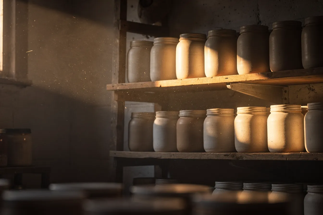 Plain jars on rough wooden shelves catching a shaft of early light in a quiet storeroom