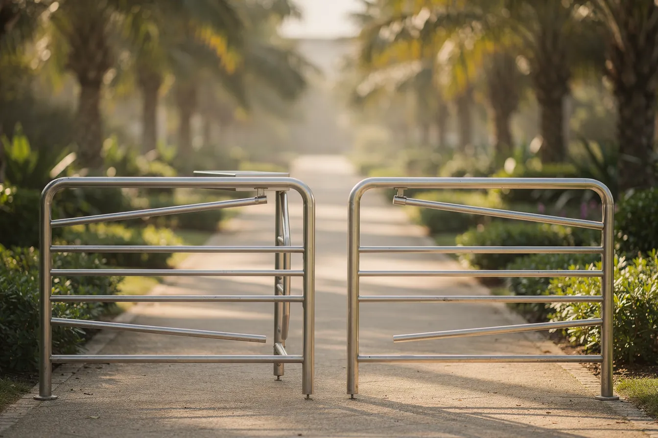 A turnstile gate standing open at the entrance of an empty, sunlit garden path