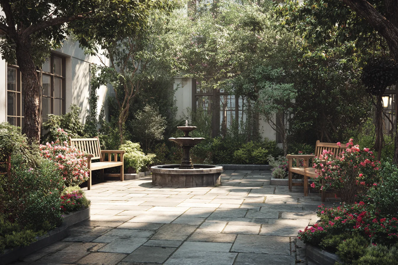 A shaded courtyard garden with benches around a small fountain, no one present