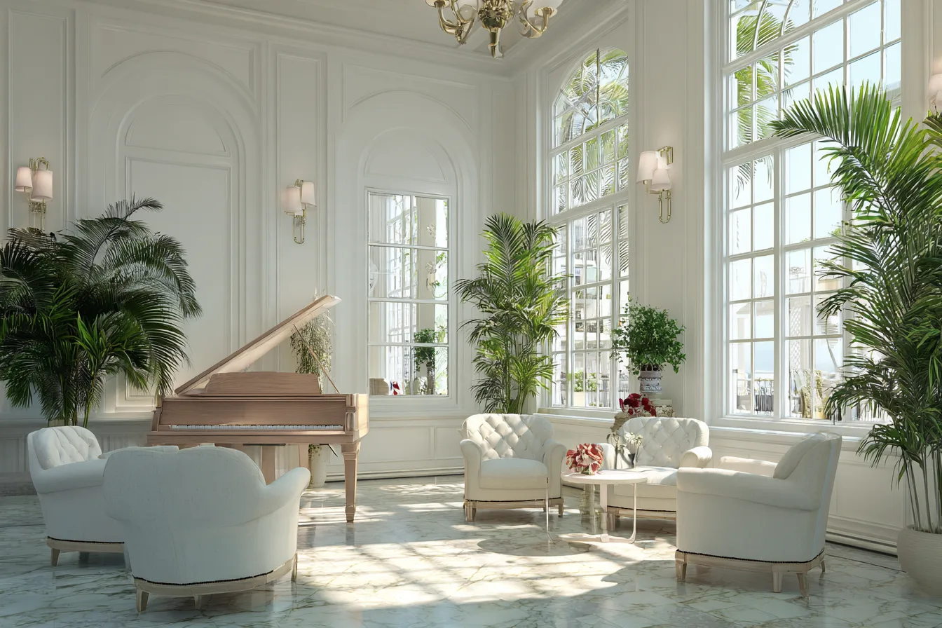 A bright white lobby with armchairs, a piano and tall arched windows