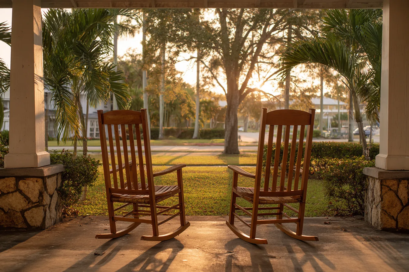 Two empty rocking chairs on a covered porch overlooking a lawn and palms in soft afternoon light