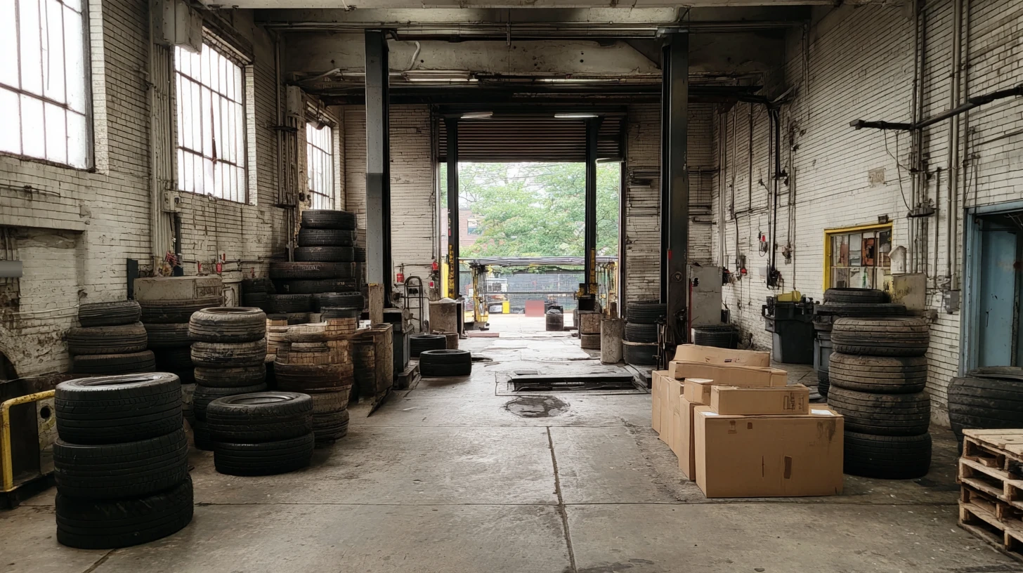 A two-bay auto repair shop seen straight-on from the doorway, the floor cluttered with old tires, parts boxes and oil drums