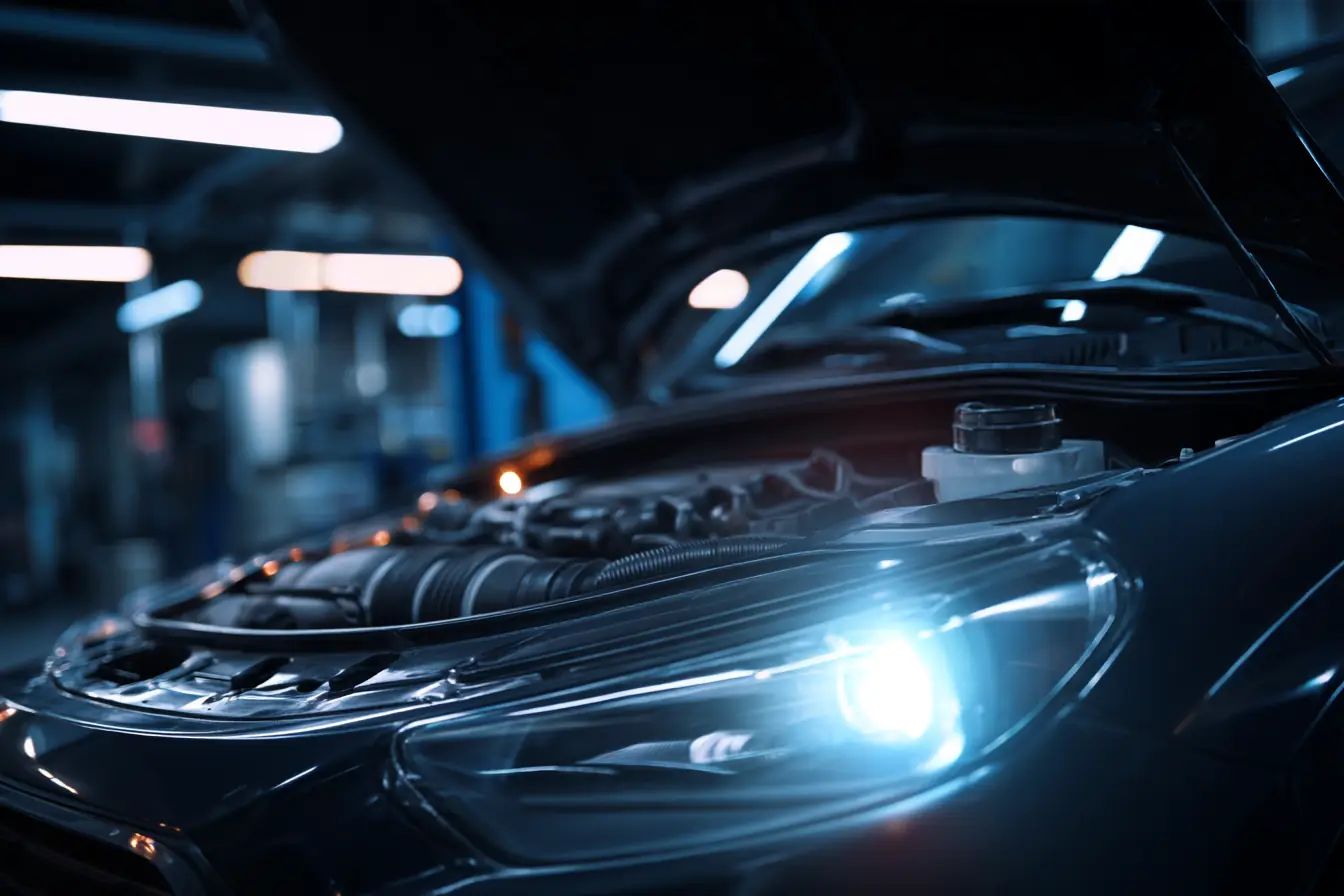 Close view of a clean engine bay under a shop work light, the hood open