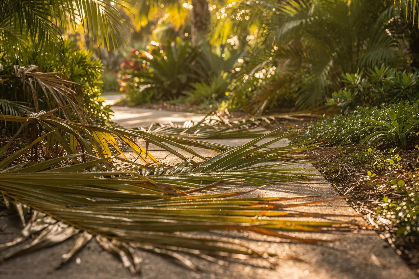 Fallen palm fronds across a garden path in early morning light