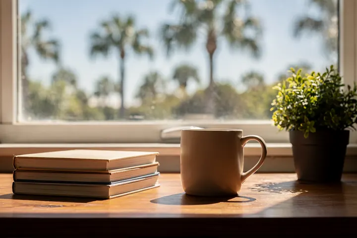 A sunlit wooden desk with a stack of plain books, a ceramic mug and a plant by a window overlooking palms
