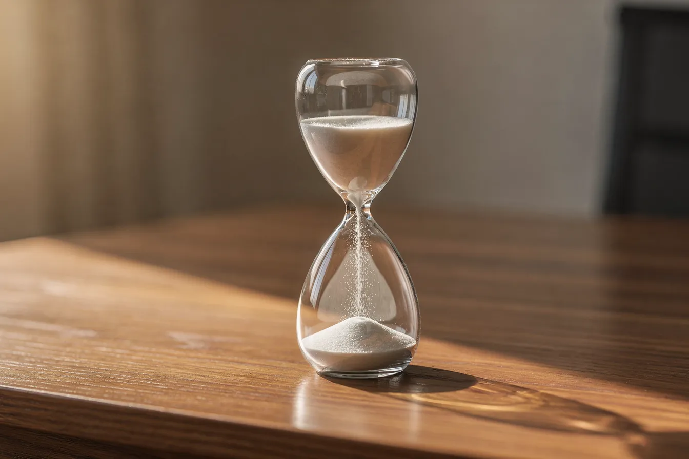 An hourglass with falling sand on a wooden desk in warm light