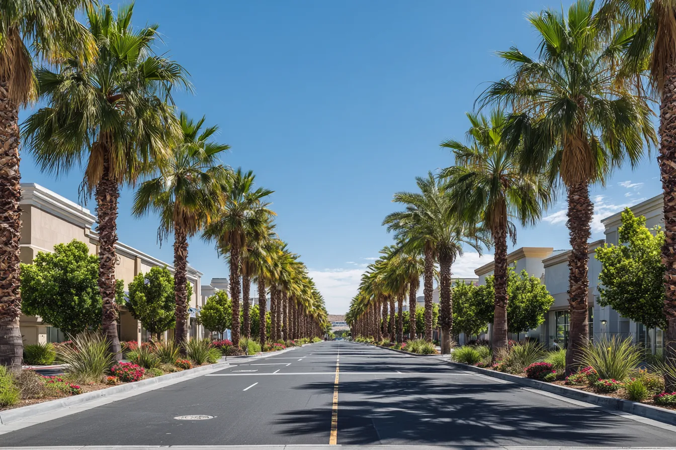 A wide palm-lined commercial boulevard with a planted median running north into the distance under a clear morning sky