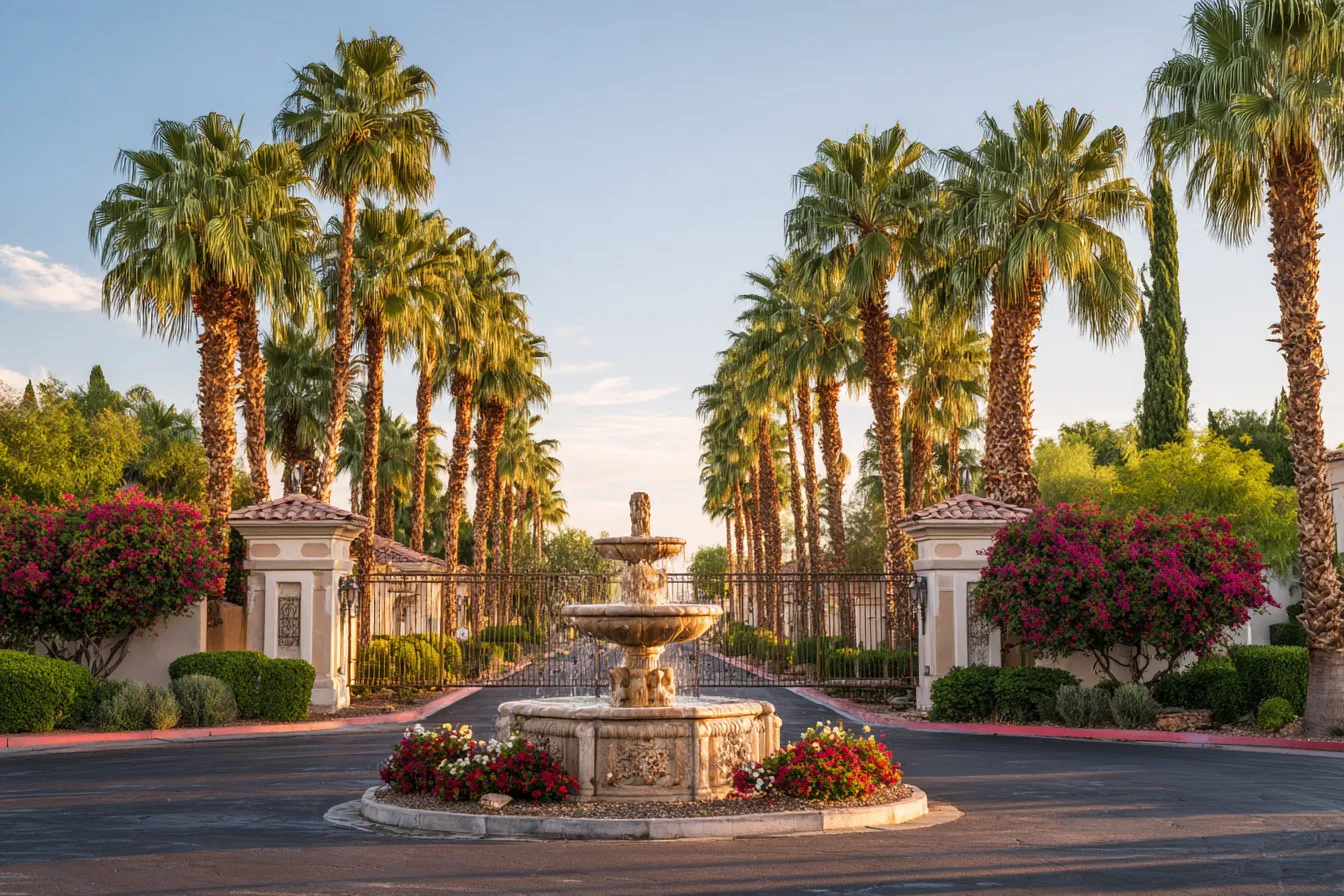 A landscaped residential community entrance with a fountain, royal palms and flowering hedges in soft afternoon light