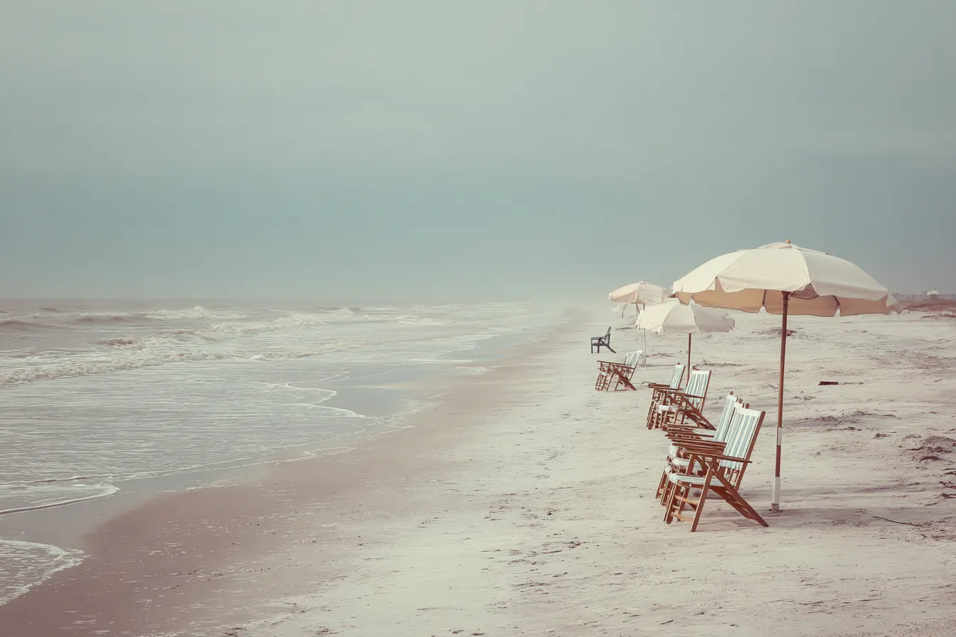 A quiet Gulf beach on a winter morning with a few empty beach chairs and umbrellas near the waterline