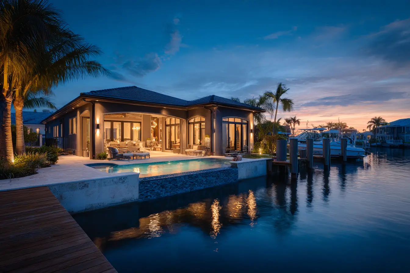 A finished waterfront home with a pool and a private dock on a calm canal at dusk