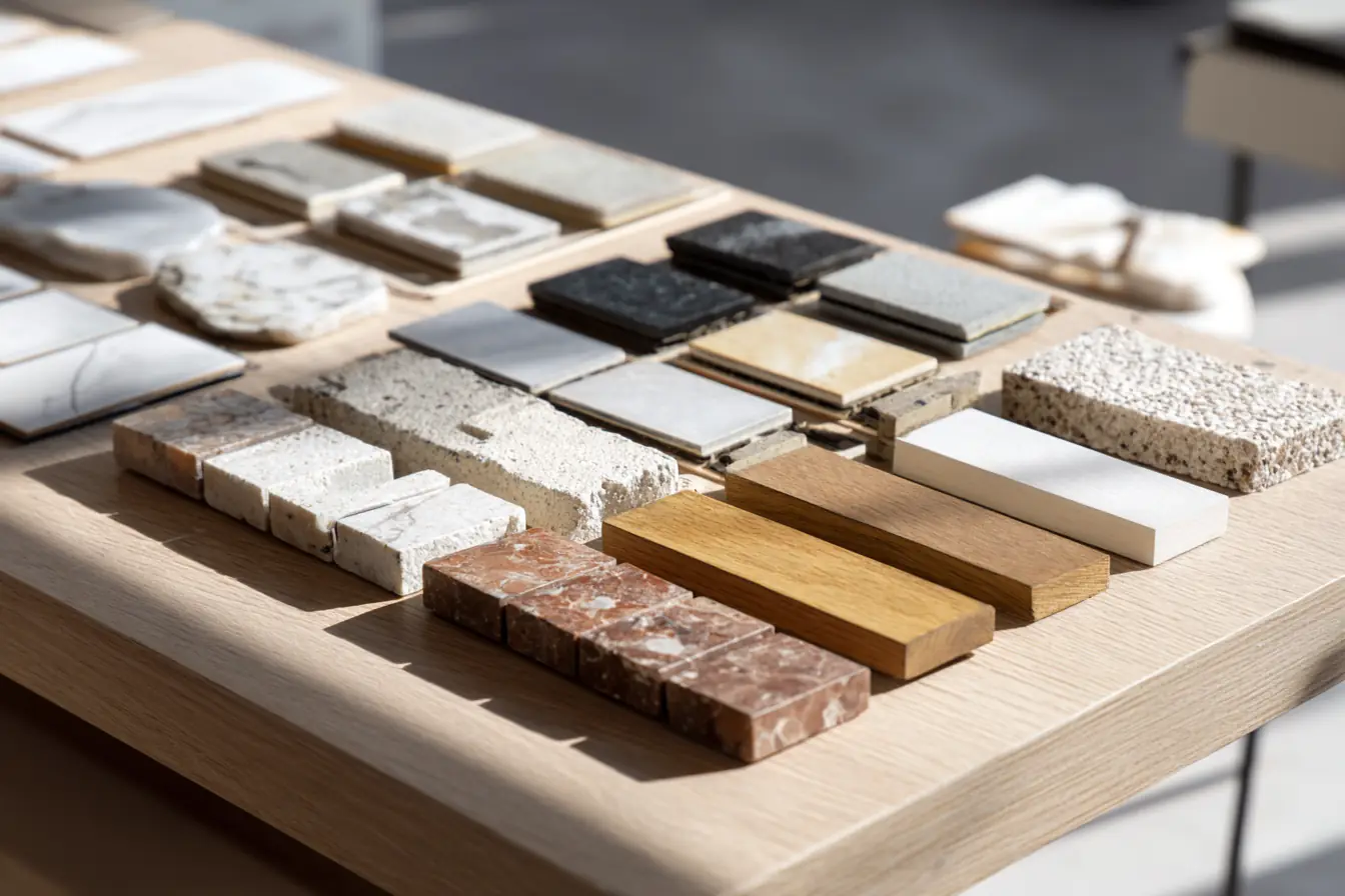 Tile, stone and wood finish samples laid out on a table in a bright design center
