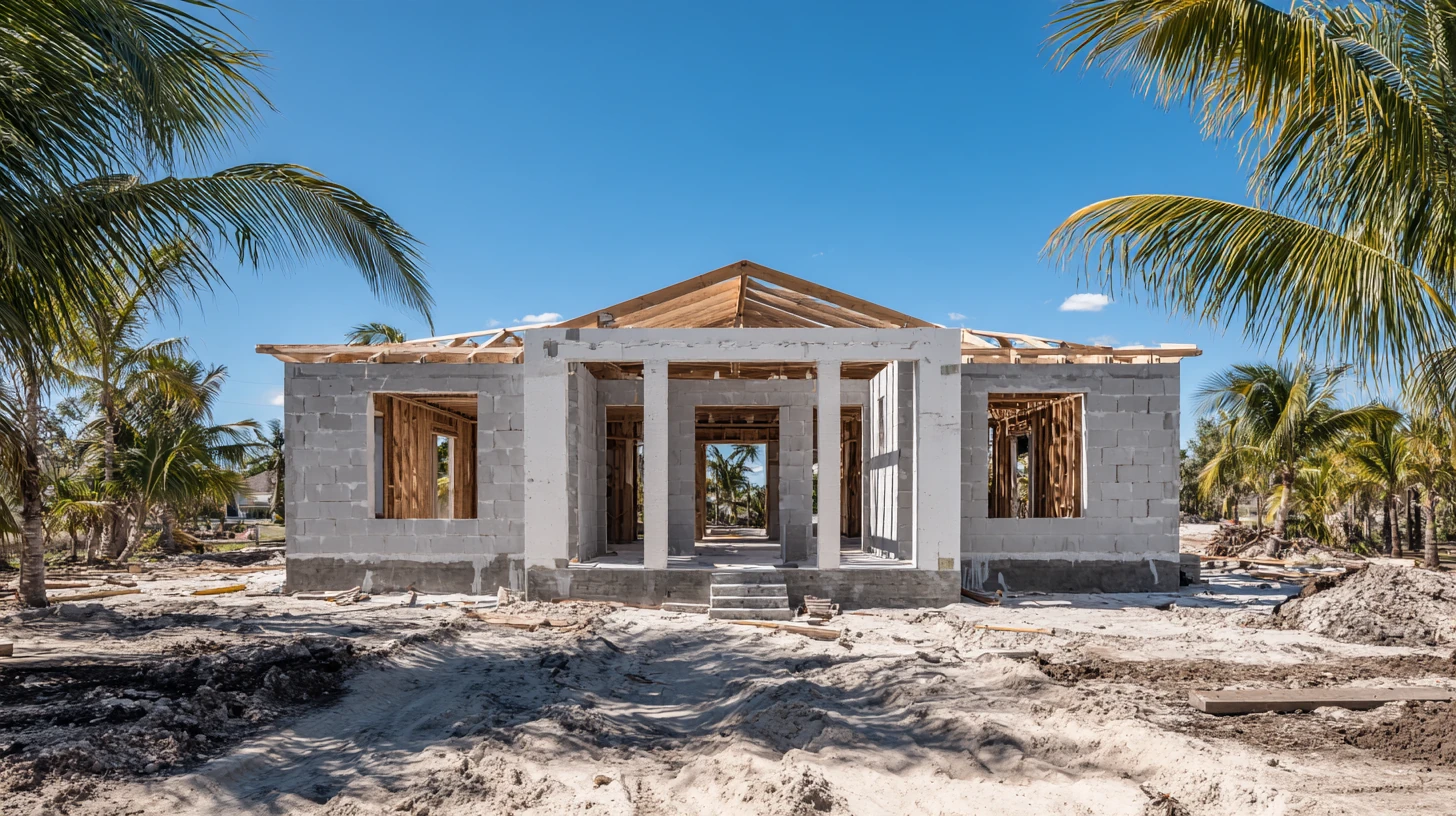 A home under construction in Southwest Florida seen straight-on, bare concrete block walls and open roof trusses on a sandy lot