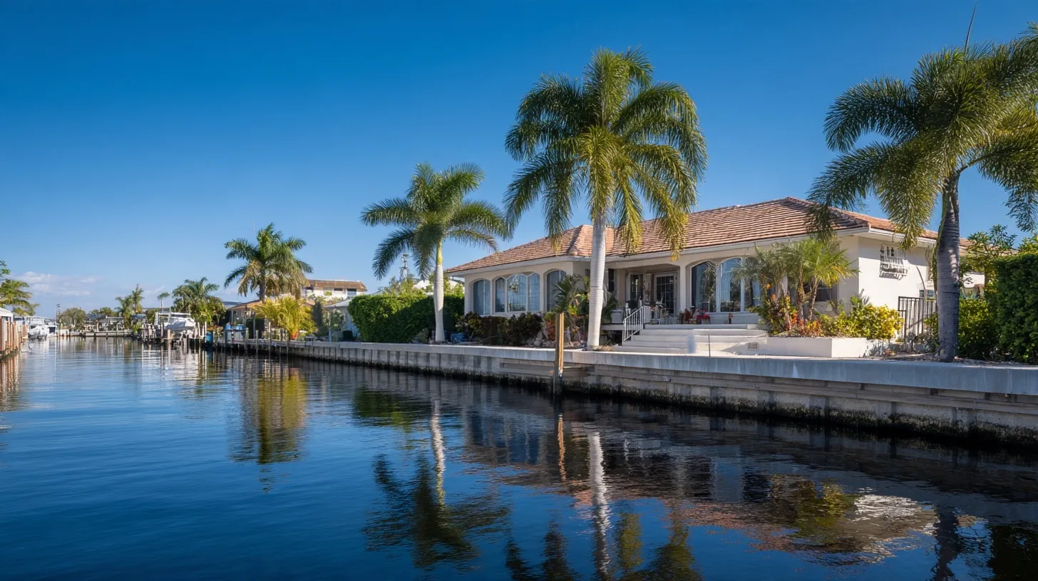 A canal-front lot in Southwest Florida seen from the water, a bare concrete seawall with no dock, palms and a white home behind