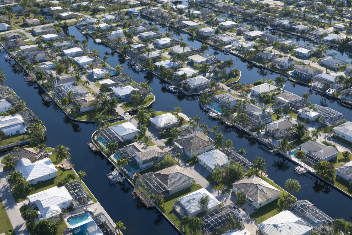 Aerial view of a Southwest Florida residential grid of canals, homes with pools and palms in morning light