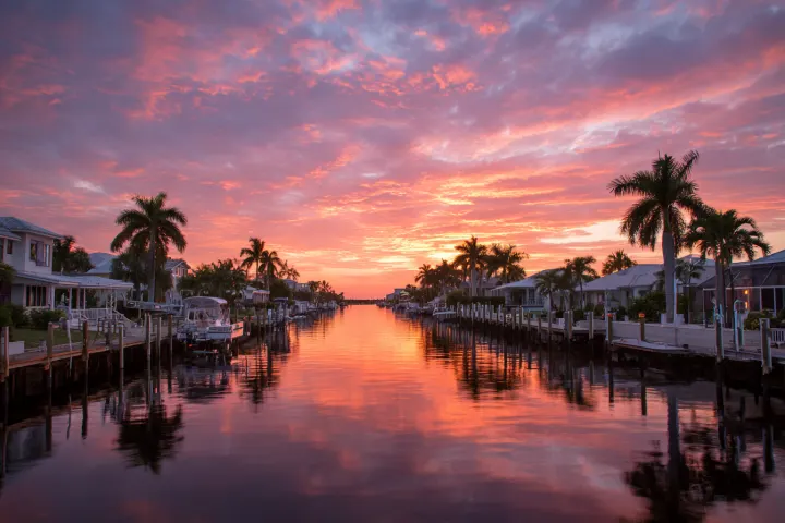 Sunrise over a long, straight residential canal in Southwest Florida lined with seawalls, docks and palms