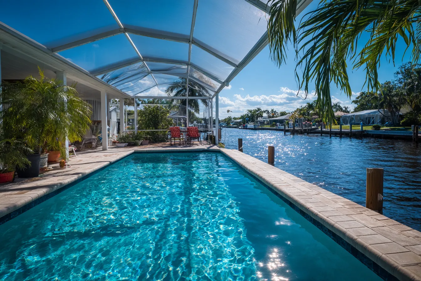 A screened pool cage over a backyard pool behind a canal-front home, the canal and a dock beyond