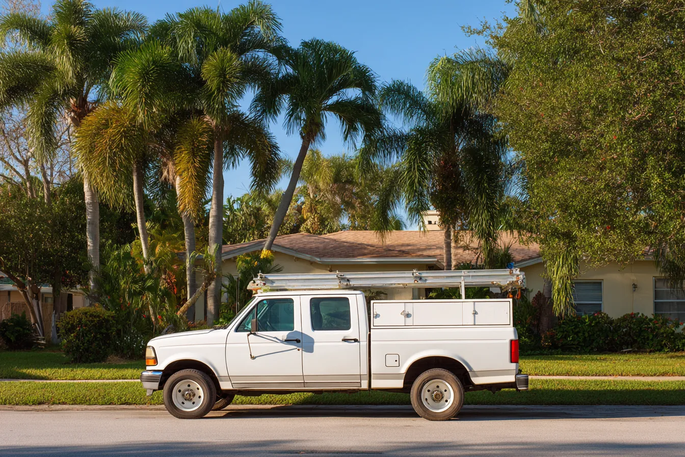 An unmarked white work truck with a ladder rack parked on a quiet palm-lined residential street