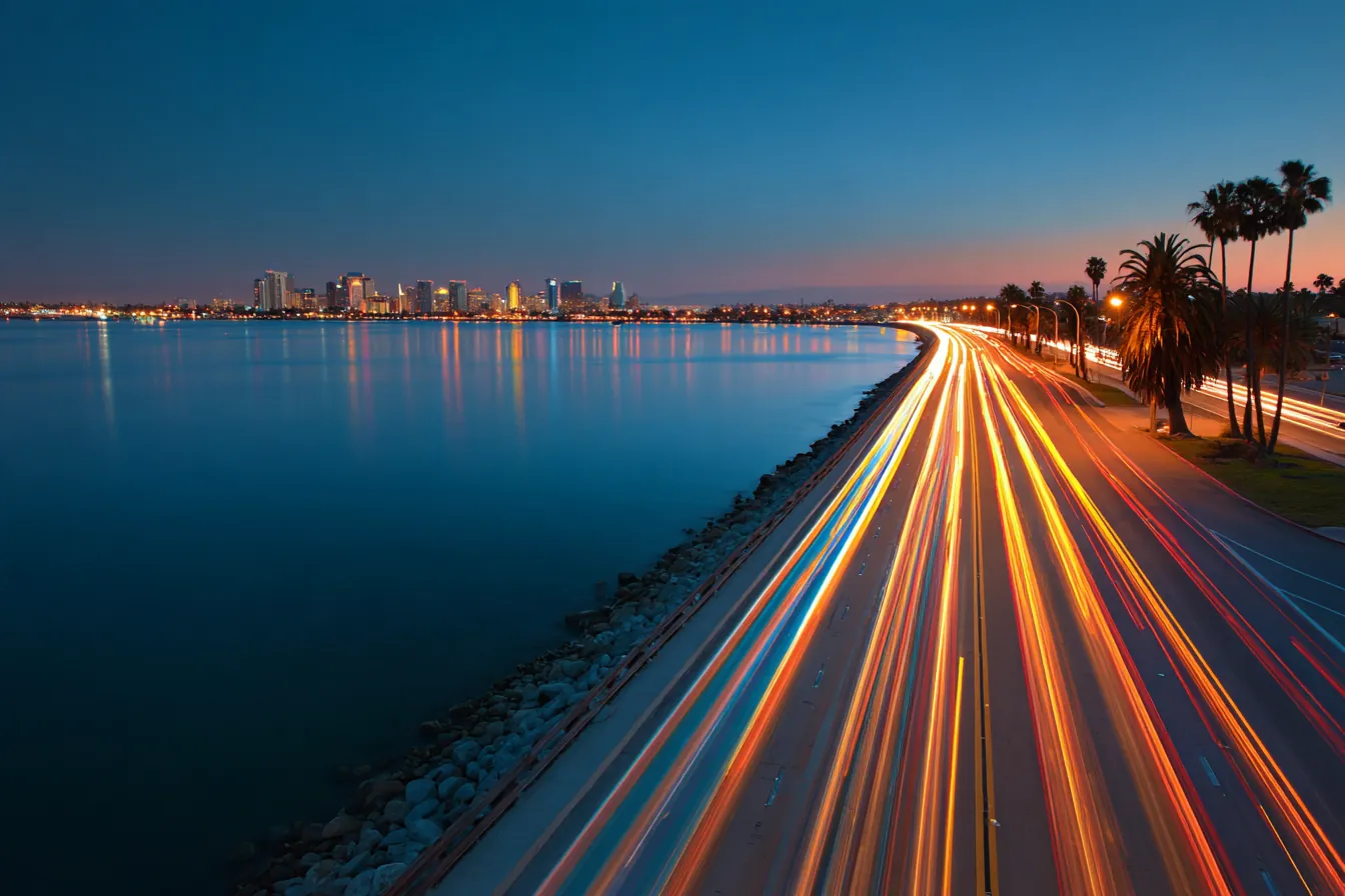 Long-exposure light trails of traffic crossing a coastal causeway into a city at blue hour