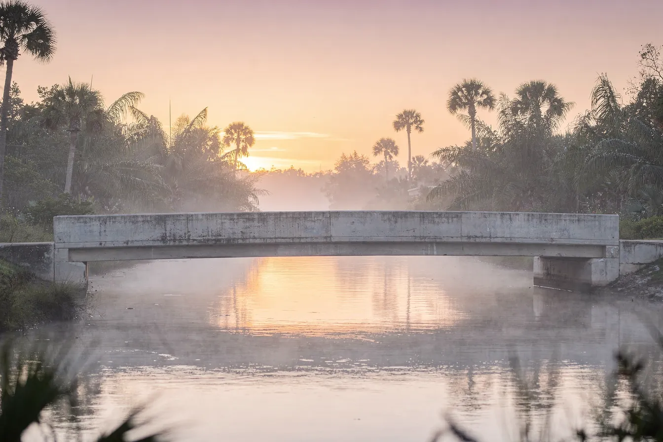 A low concrete bridge crossing a calm Florida river at dawn, mist over the water