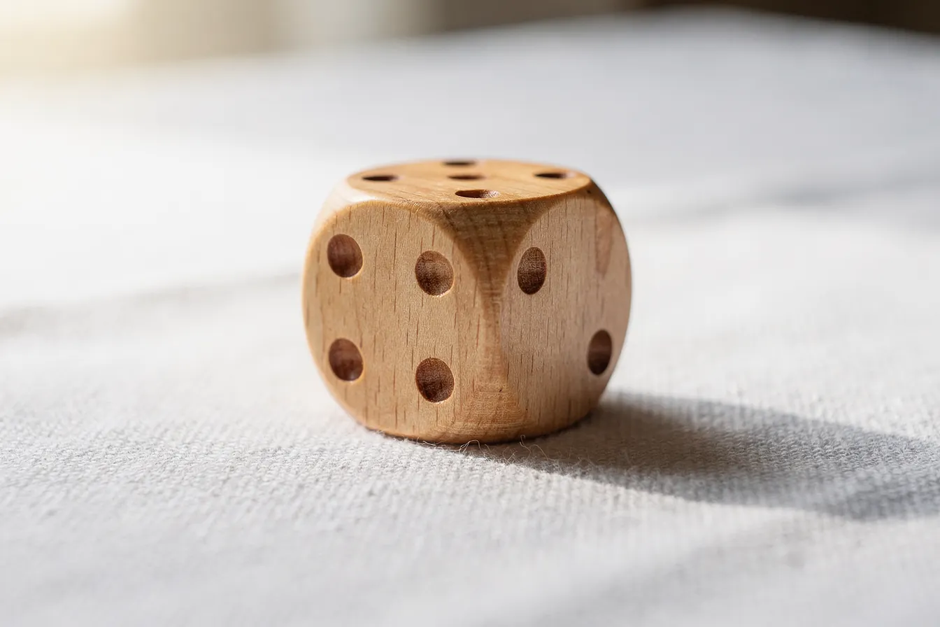 A single wooden die resting on a linen tablecloth in soft window light