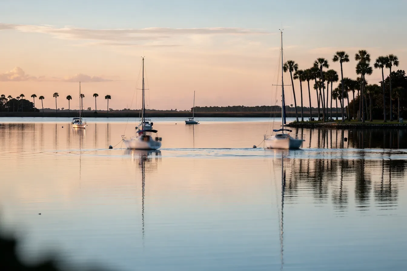 A quiet harbor at first light, sailboats moored on glassy water and palms along the shore