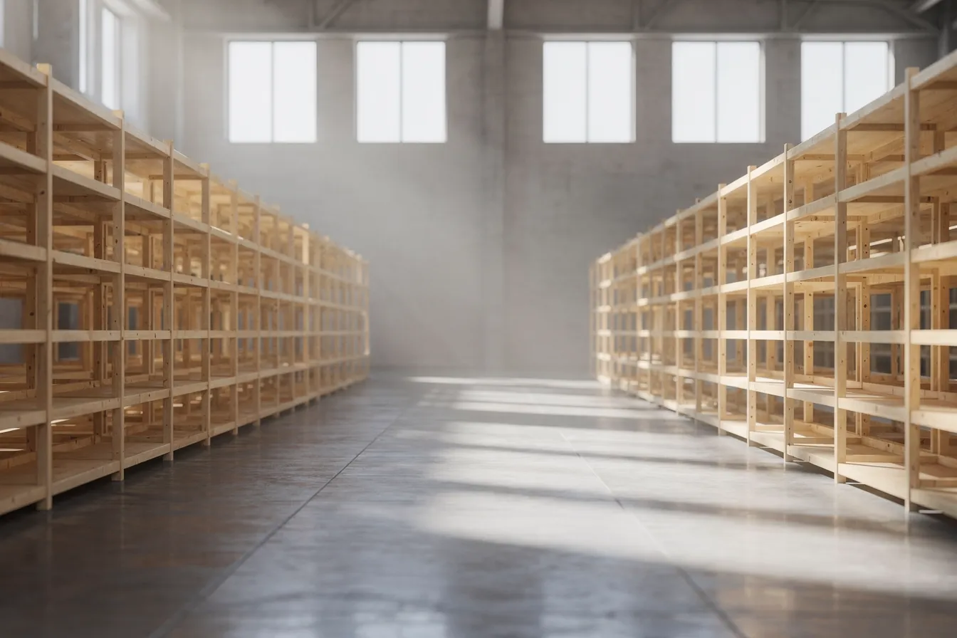 Long rows of empty wooden shelves in a sunlit warehouse, waiting to be stocked