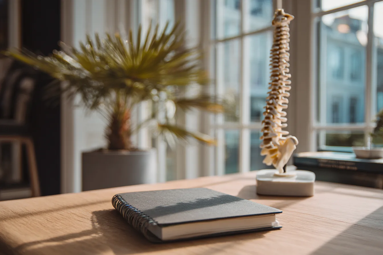 A tidy wooden desk with a closed notebook and a small spine model beside a window onto palms