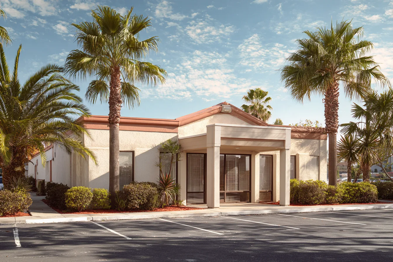 A small single-story office with a covered entry and a short row of parking spaces under palms