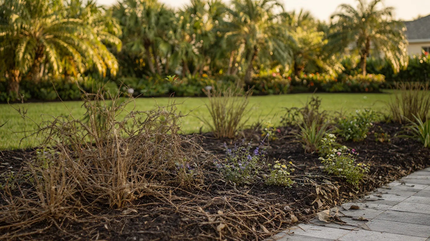 An overgrown garden bed of wilted and tangled plants beside a path in Southwest Florida light