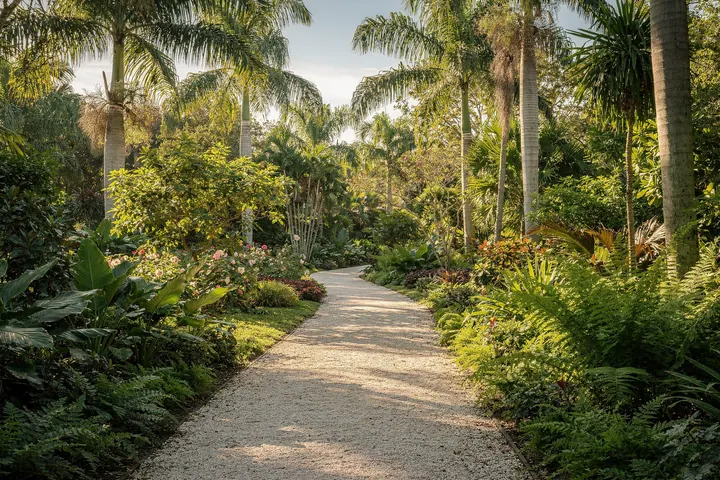 A sunlit garden path between lush planted beds and palms in a Southwest Florida botanical garden