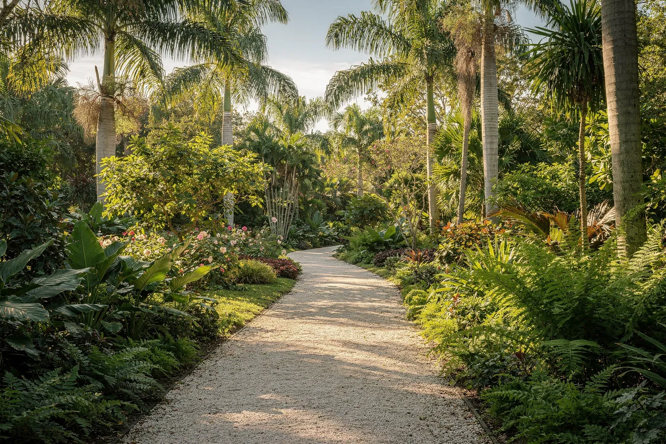 A sunlit garden path between lush planted beds and palms in a Southwest Florida botanical garden