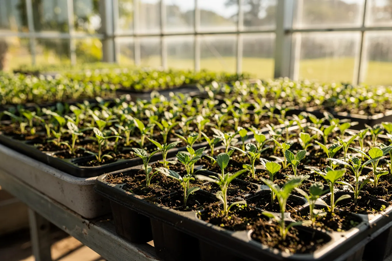 Rows of young seedlings in trays in a sunny greenhouse