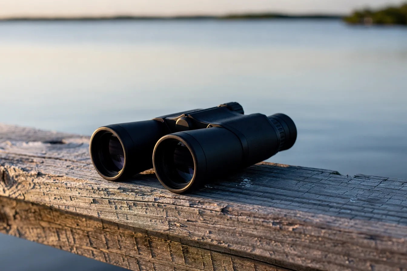 A pair of binoculars on a weathered dock railing overlooking calm water