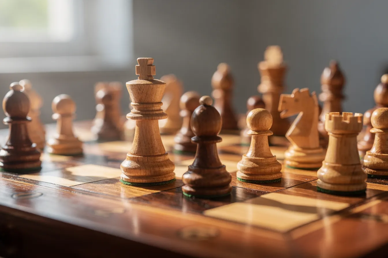 Wooden chess pieces mid-game on a board in soft window light