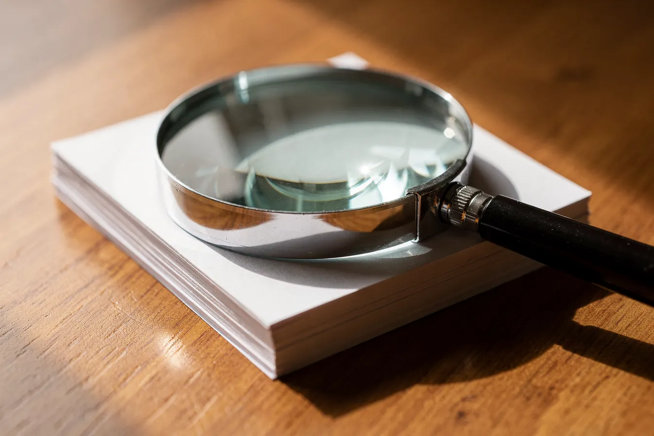 A magnifying glass resting on blank paper cards on a wooden table in bright window light
