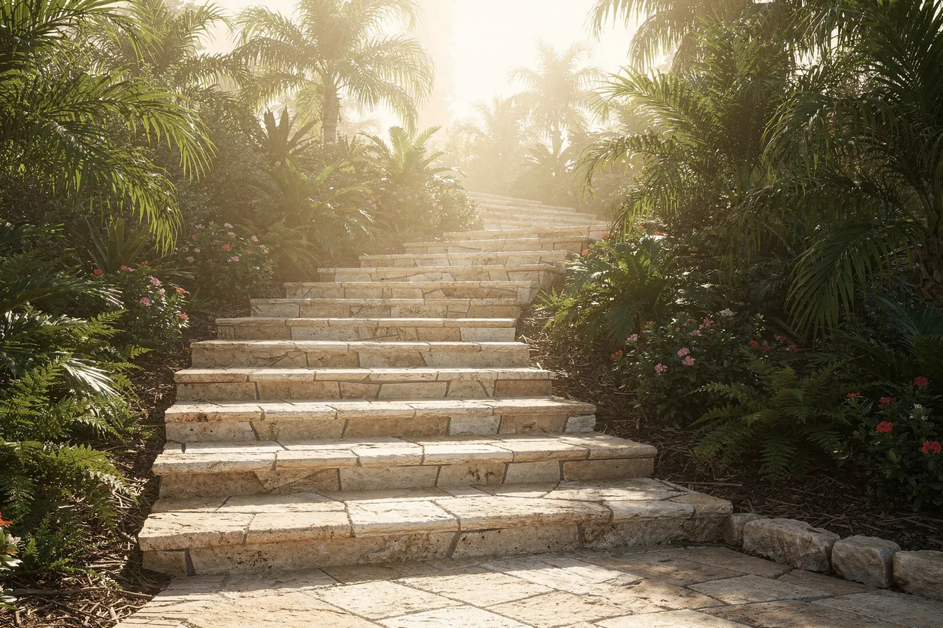 A stone staircase climbing a garden slope toward bright light