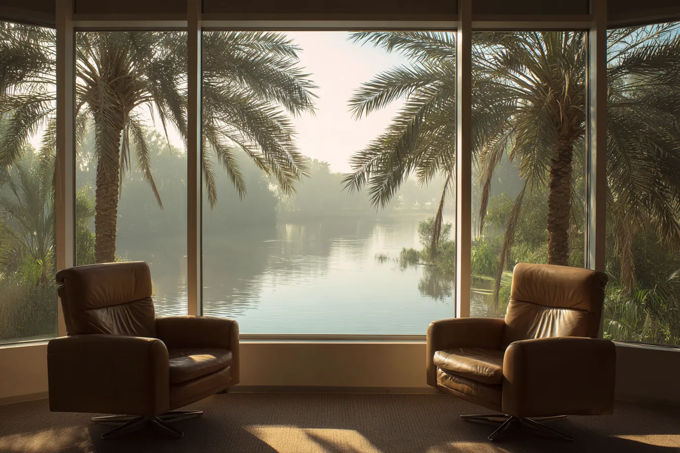 Two leather armchairs facing a wide window onto palms and still water on a misty morning