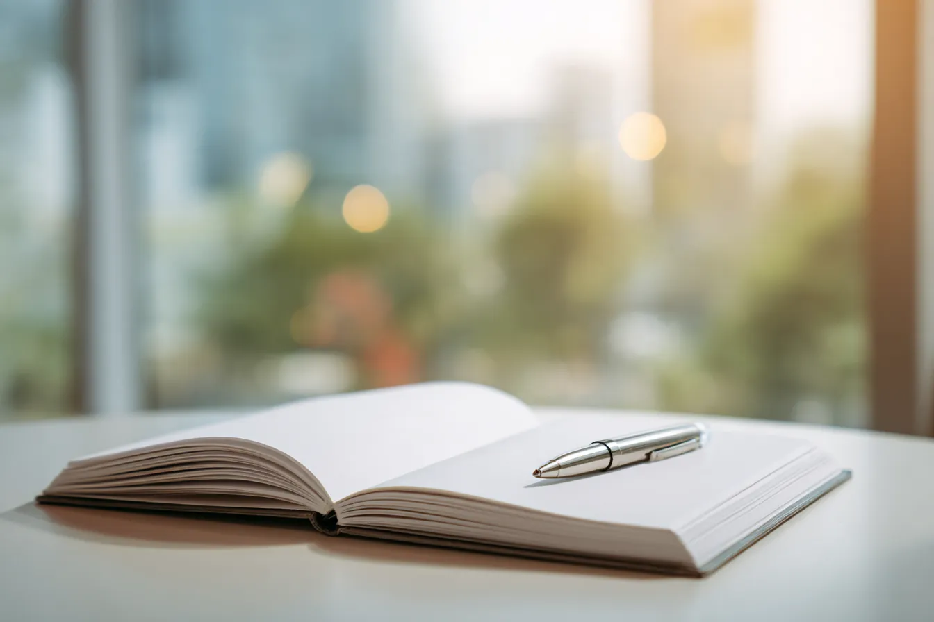 An open notebook with blank pages and a pen on a white desk by a bright window