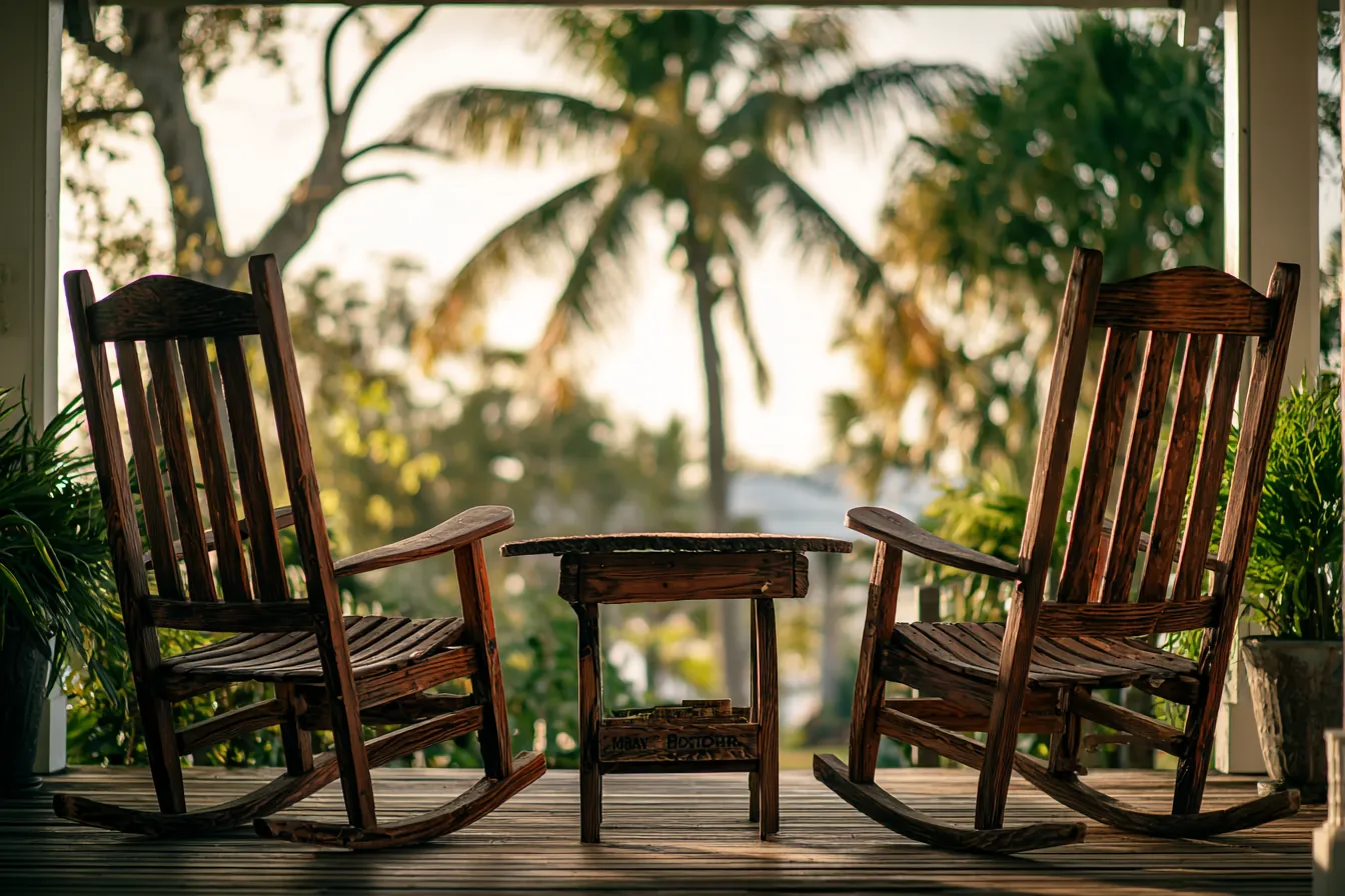 Two wooden rocking chairs facing each other across a small table on a shaded porch, palms beyond