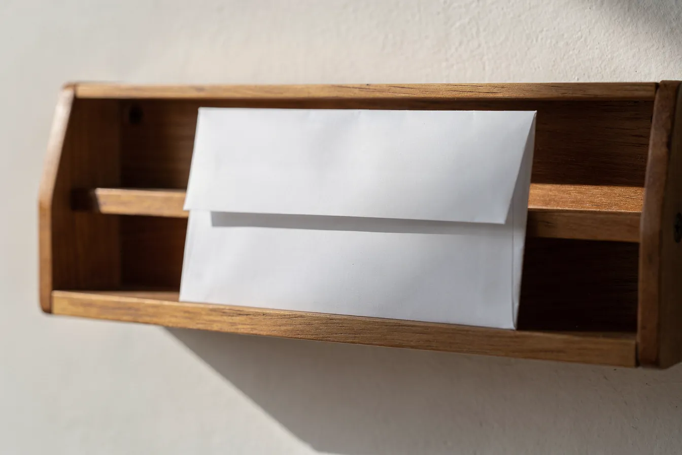 A single plain envelope tucked into an empty wooden letter rack on a pale wall