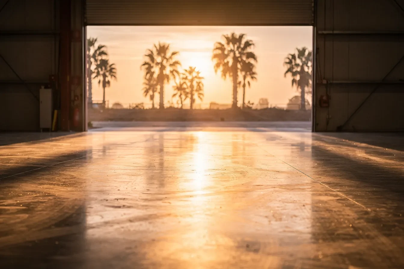 A wide open warehouse door at sunrise, light pouring across an empty, swept concrete floor